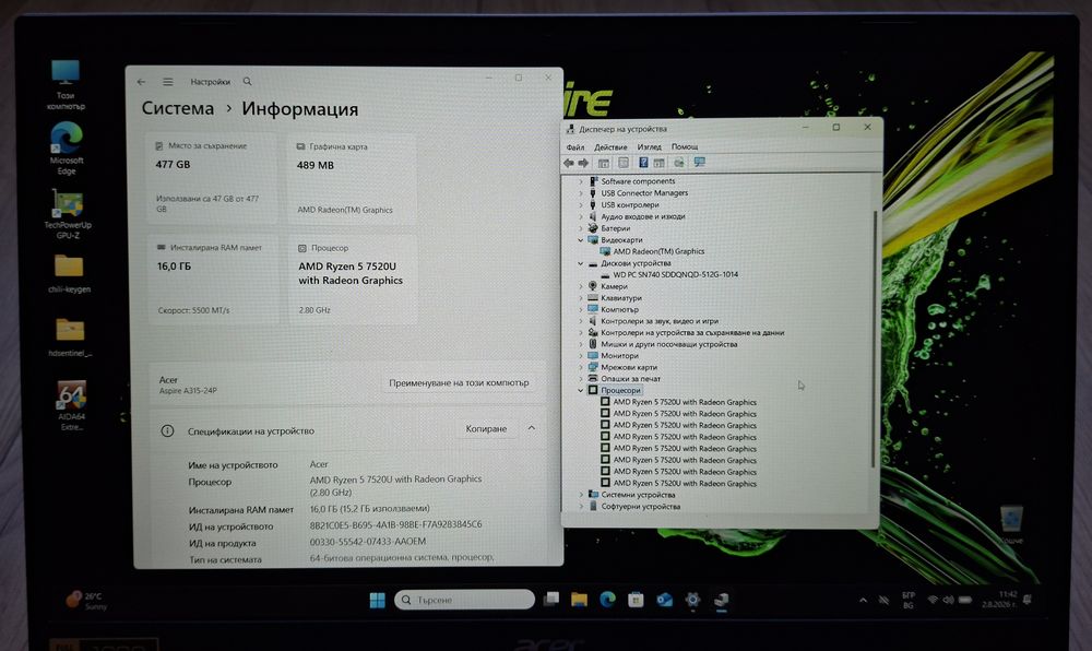 15.6' IPS Acer Aspire AMD Ryzen 5 7520U/16GB DDR5/512GB SSD/AMD Radeon 610M