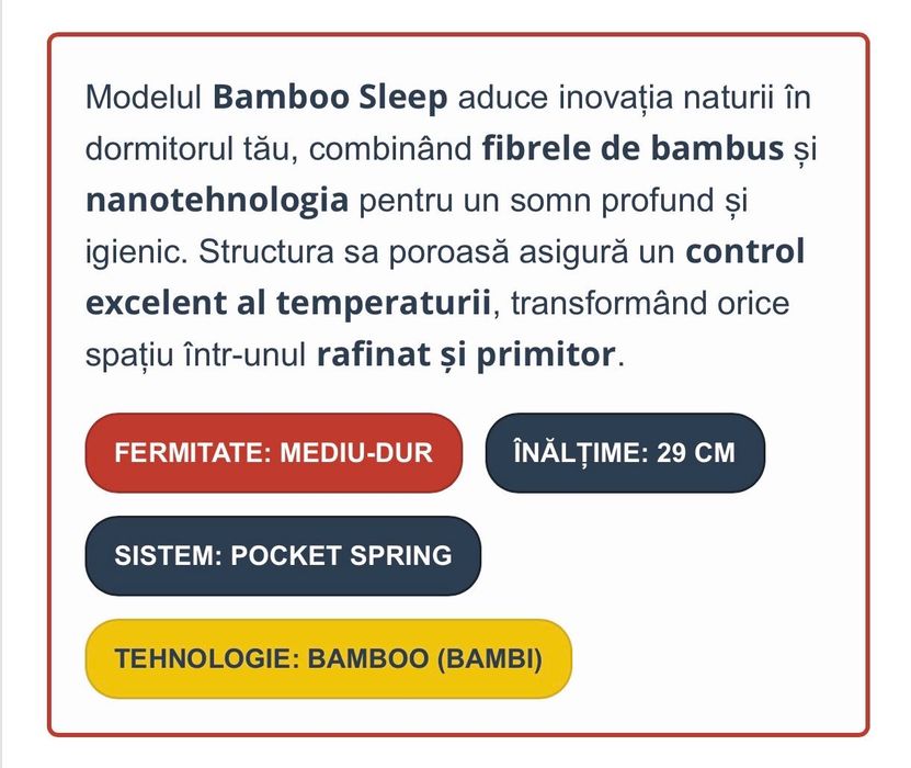 Saltea Premium Bambi Bamboo Sleep 180x200 cm, Înălțime 29 cm, Pocket Spring