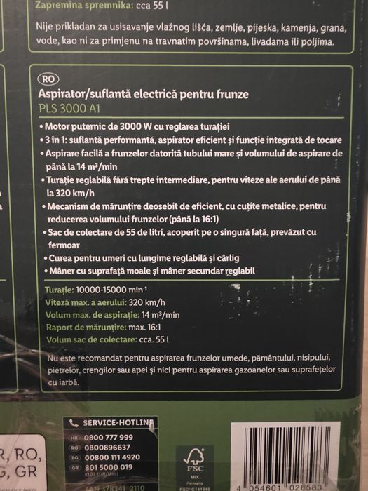 Suflanta cu tocator 3000w Parkside 55L