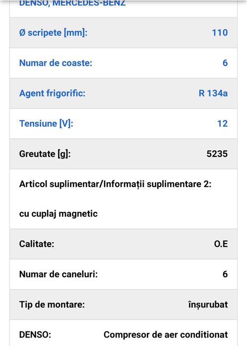 Compresor AC Denso DCP17179 Mercedes, cuplaj magnetic