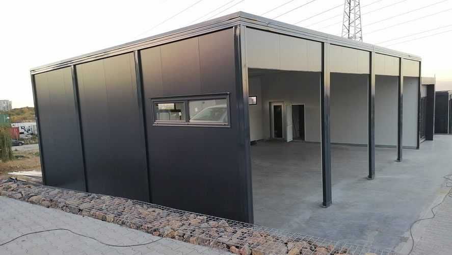 Casa modulara, garaje auto, containere din structura metalica si panou sandwich termoizolant