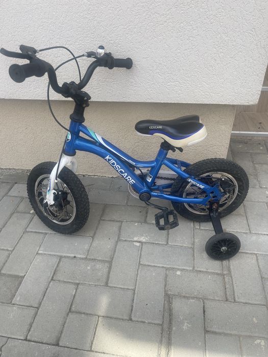Bicicleta pentru copii 2-4 ani HappyCycles KidsCare, roti 12 inch, cu roti ajutatoare si frane pe disc, albastru
