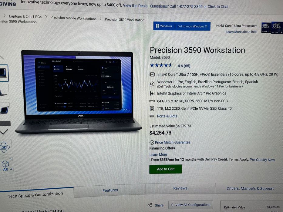 Dell Precision 3590, 64GB RAM, 1TB SSD, Intel Core Ultra 7 155H, RTX