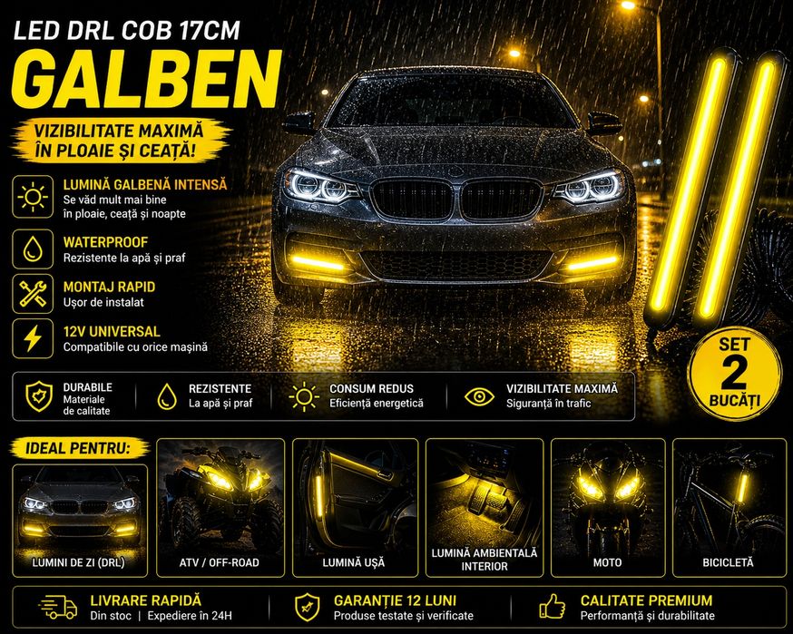 LED Lumini de Zi COB 17cm – Set 2 buc, Alb/Roșu/Albastru/Galben, 12V
