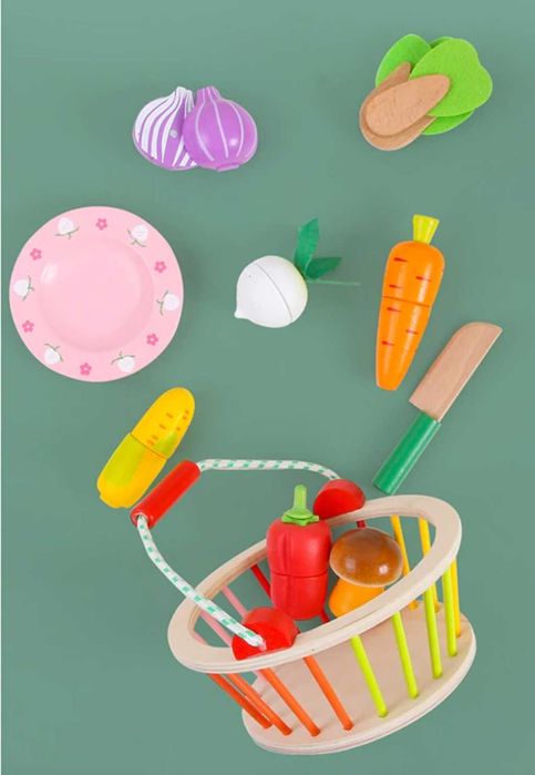 НОВО! Дървени магнитни зеленчуци за рязане в кошница.