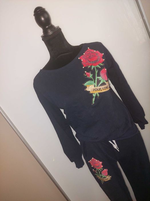 Set sport casă stradă compleu imprimeu trandafir floral cu perlute