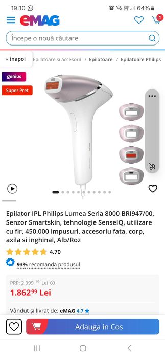 Epilator IPL Philips Lumea Seria 8000 BRI947/00,