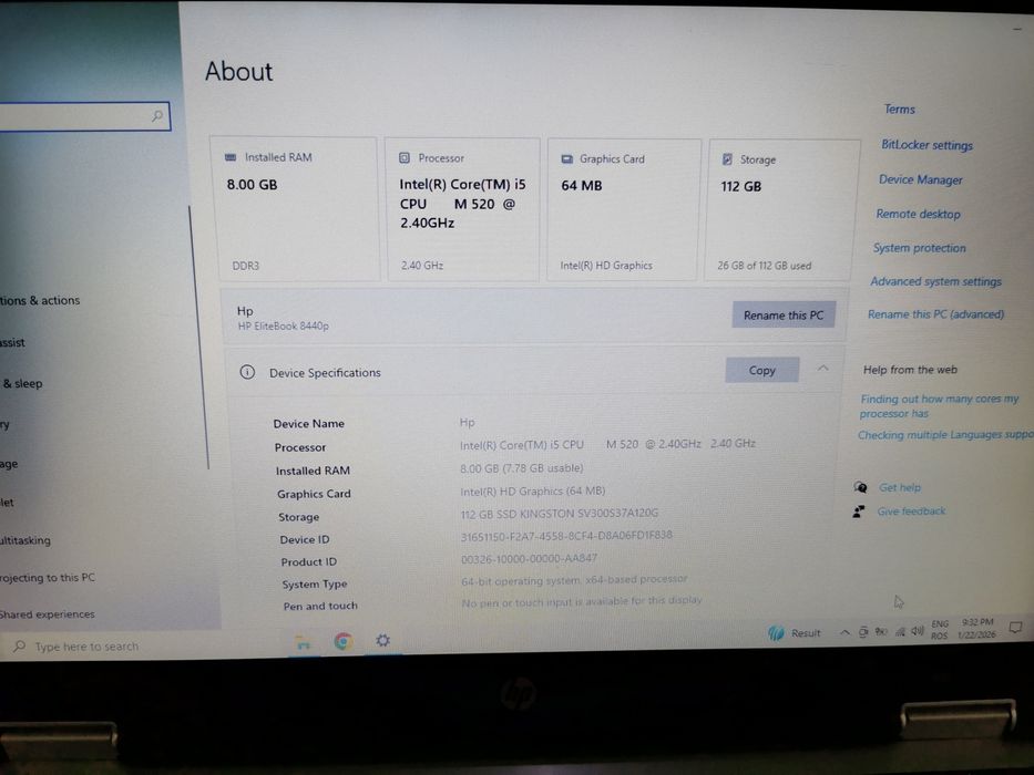 Laptop Hp Elitebook 8440P 14" Intel i5 8GB RAM SSD 250GB Windows 10