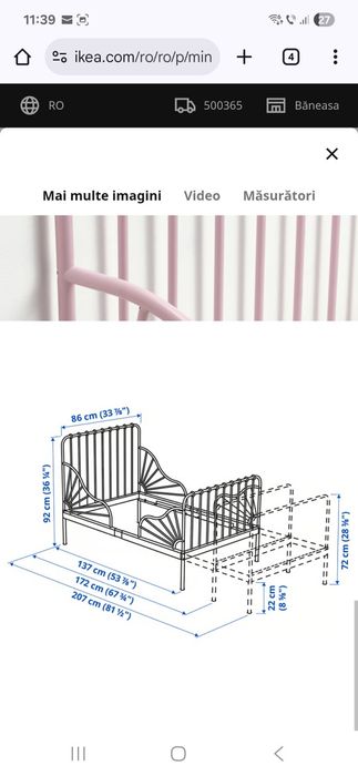 Pat copii cu saltea, Ikea, extensibil in lungime, 80x130/170/200 cm