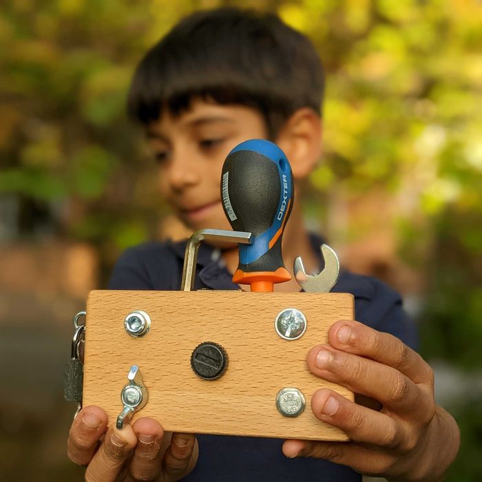 Placa Senzoriala pentru copii, Busy Cube, tip Montessori, lemn masiv