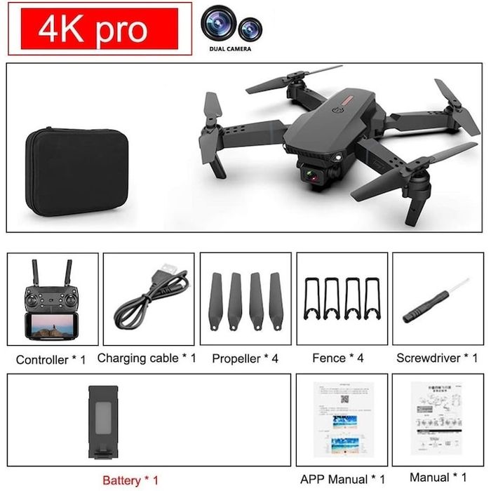 Сгъваем дрон 1Tech E88 Pro, 2 камери, WIFI FPV, 3D flip, 1080P