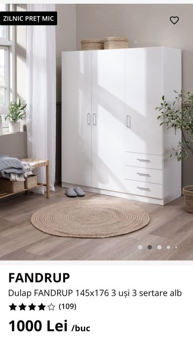 Dulap alb Jysk, 3 usi, 3 sertare, 4 rafturi. Dimeniuni 145x176 cm