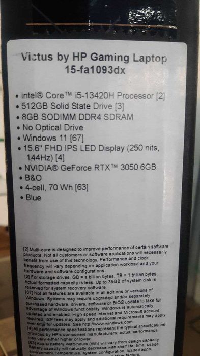 Игровой Ноутбук HP Victus core i5-13420H/8GB/RTX 6GB/512GB SSD/144Hz