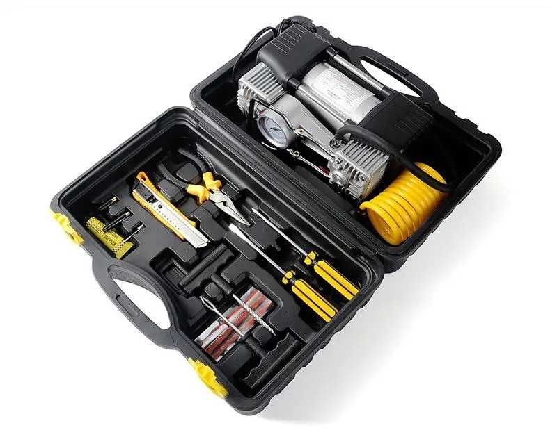 Двуцилиндров компресор за гуми в куфар с инструменти 12V