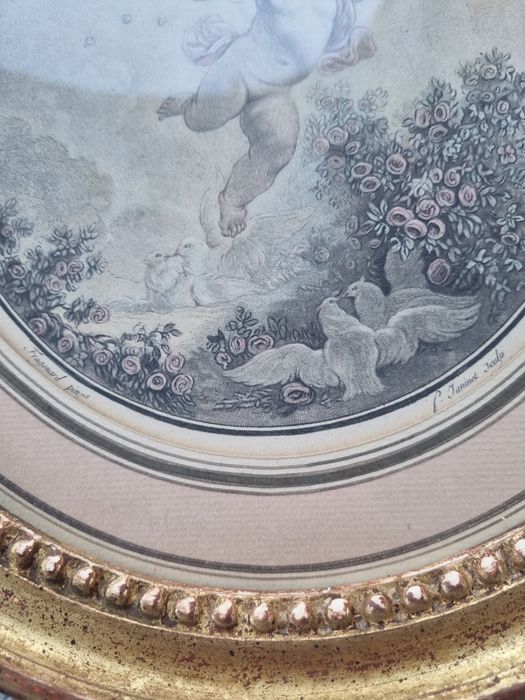 Tablou vintage rotund – gravură după Fragonard, ramă aurie eleg