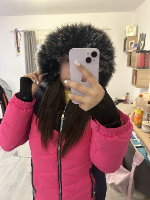 Geaca LOAP ski roz-albastru inchis cu gluga cu blaniță