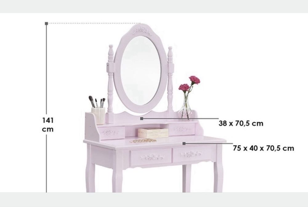Masă de toaletă / machiaj cu oglindă ovală și taburet, roz (Model Mira / SER201)
