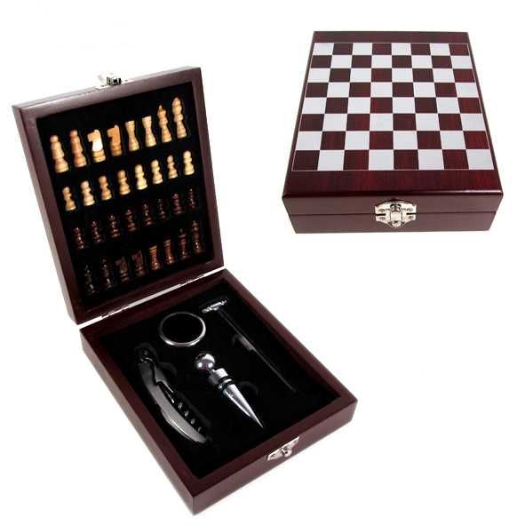 НОВА Луксозна дървена КУТИЯ ЗА ВИНО с 4 аксесоара. СЕТ ЗА ВИНО и ШАХ