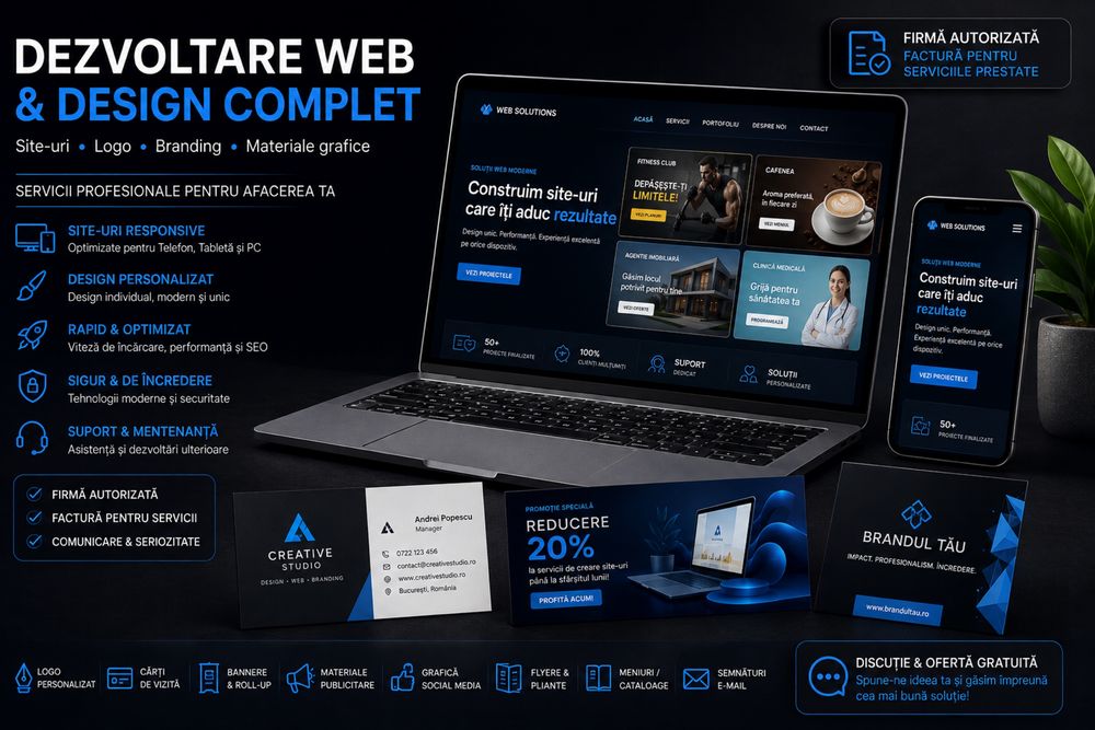 Creare Site Profesional | Design Personalizat | Logo & Identitate Vizuală | Firmă + Factură