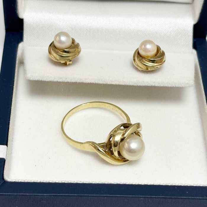 Inel si cercei din aur galben 14K cu perla de cultura