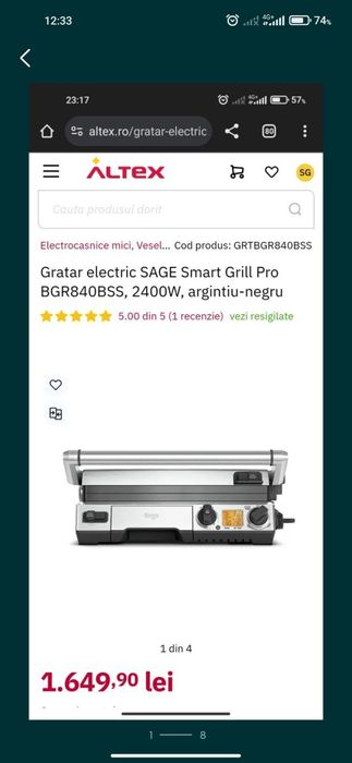 Gratar electric SAGE Smart Grill Pro BGR840BSS, 2400W, argintiu-negru