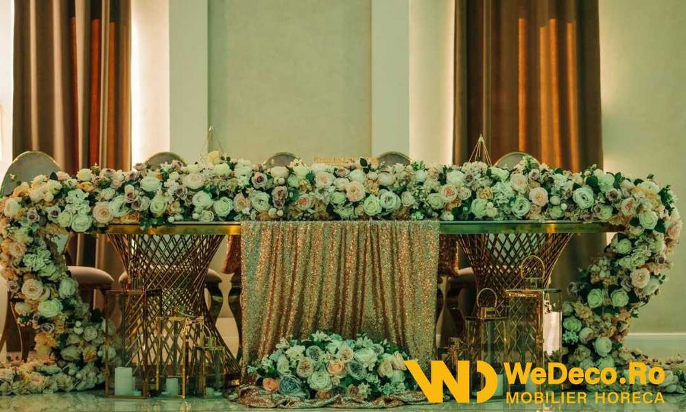 NOU Masa Prezidiu Ovala Nunta Evenimente Aurie cu Blat Sticla Oglinda