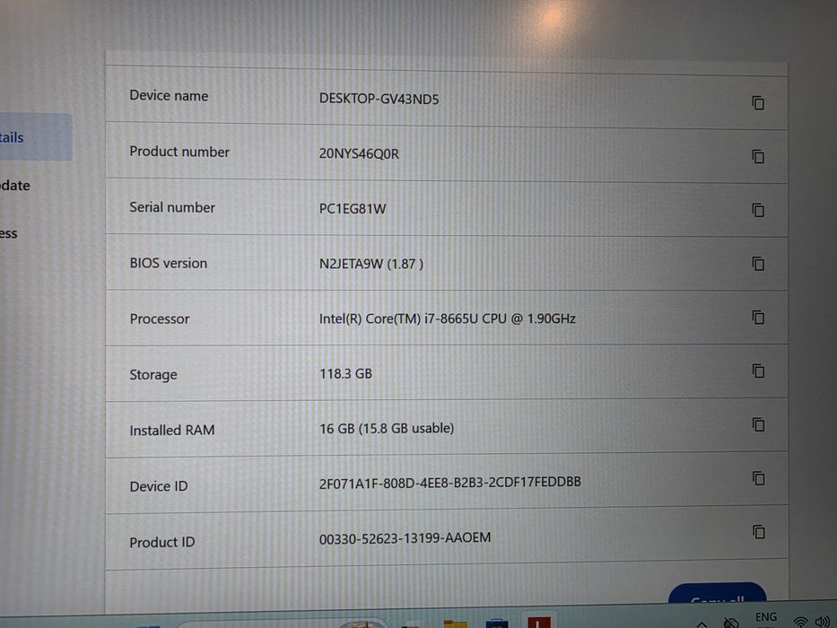 Lenovo T490s / i7-8th / 16GB Ram / 256 SSD