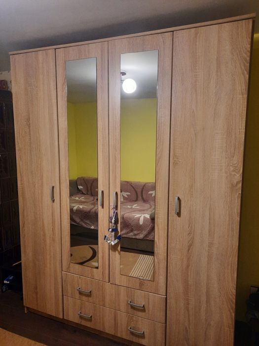 Dulap 4 uși cu oglinzi și sertare – stejar sonoma – stare foarte bună