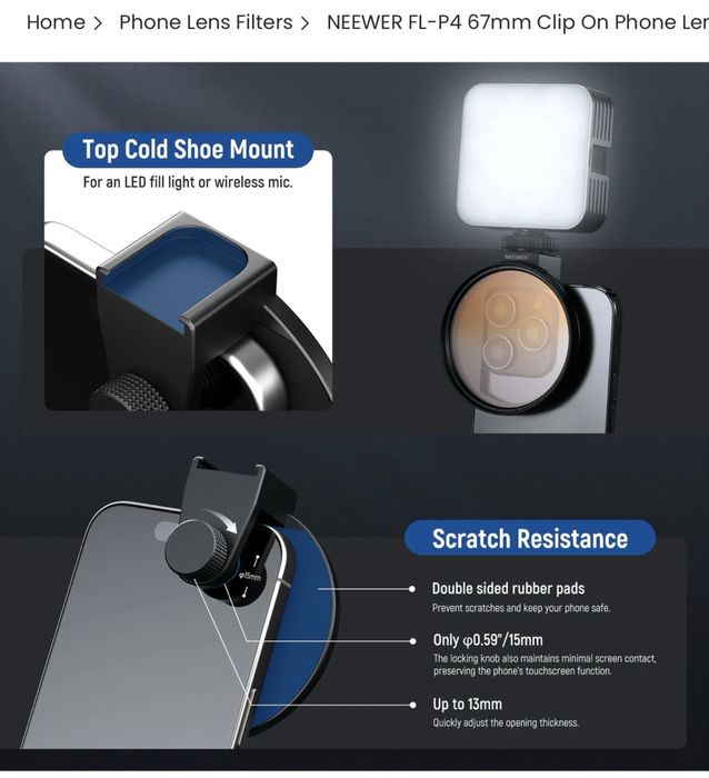 ORIGINAL NEEWER FL-P4 67 mm smartfon uchun obyektiv filtrlar to‘plami