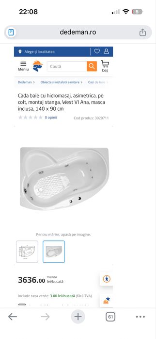 Cada baie cu hidromasaj, asimetrica, pe colt, montaj stanga, West VI Ana, masca inclusa