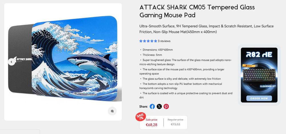 ATTACK SHARK CM05 Стъклен геймърски пад
