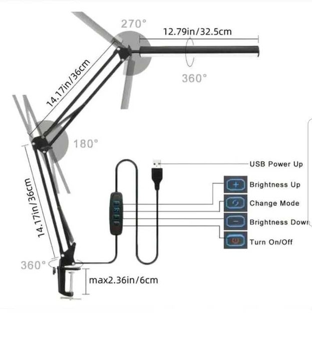 Lampă de birou LED reglabilă cu braț rotativ și clemă