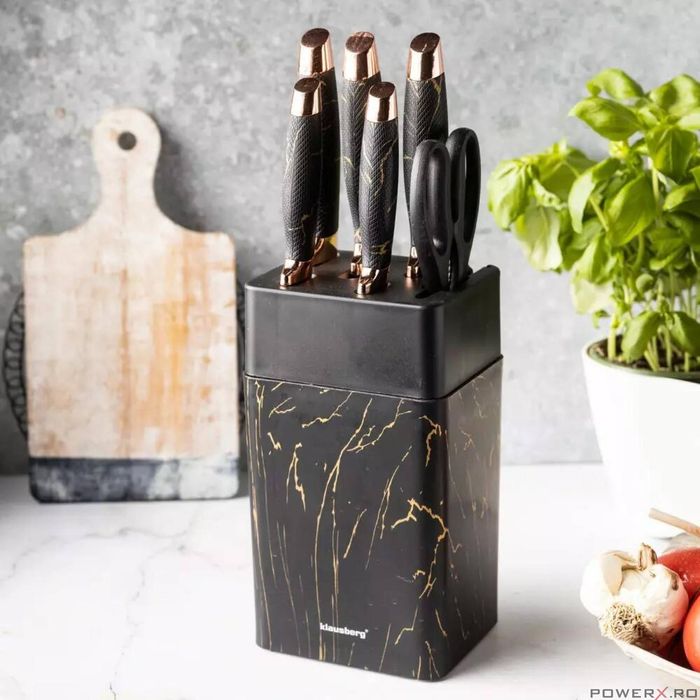 Cutite de bucatarie cu suport, set de 7 piese, model negru, Klausberg