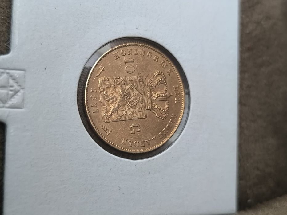 Златна Монета 10 Холандски Гулдена Вилхелм 1877 година