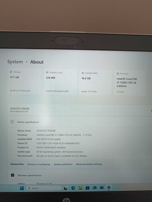 Laptop HP Probook 650 G4 (i5 7300u, 16gb ddr4, ssd 512gb, w11 pro)