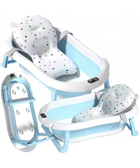 Cada pliabila pentru bebelusi Avante, termometru LCD, perna, albastru