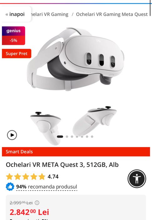 Ochelari VR Meta Oculus 3, 512GB, White, sigilati, transport inclus