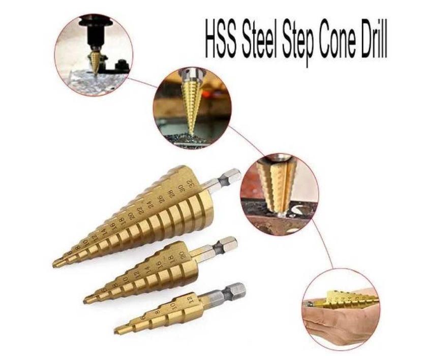 Комплект от стоманени стъпкови свредла, три броя