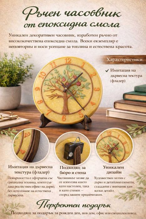 Ръчно изработен часовник - дървото на живота, с луминисцентни цифри