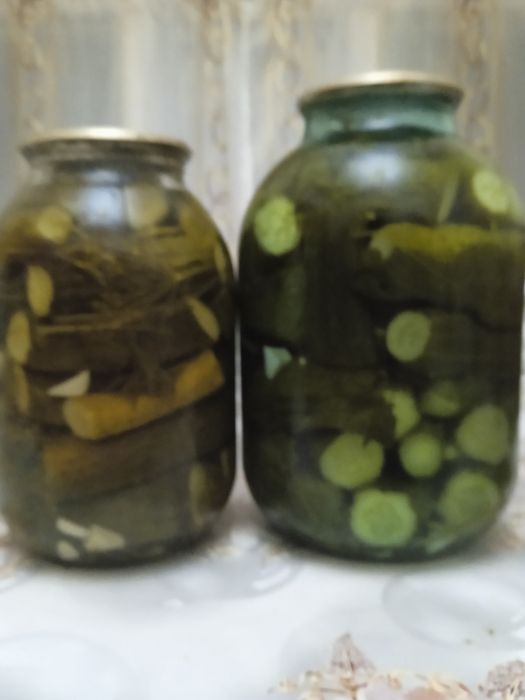 Соленья : огурцы ,помидоры ,салаты .