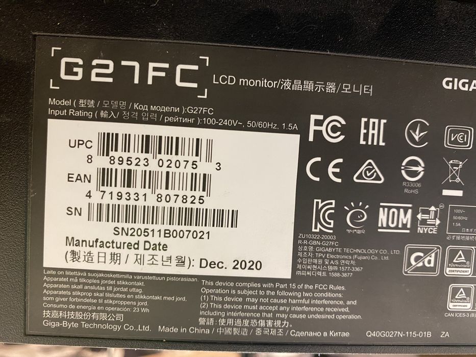 Gigabyte G27FC 27 на зачпасти/ремонт