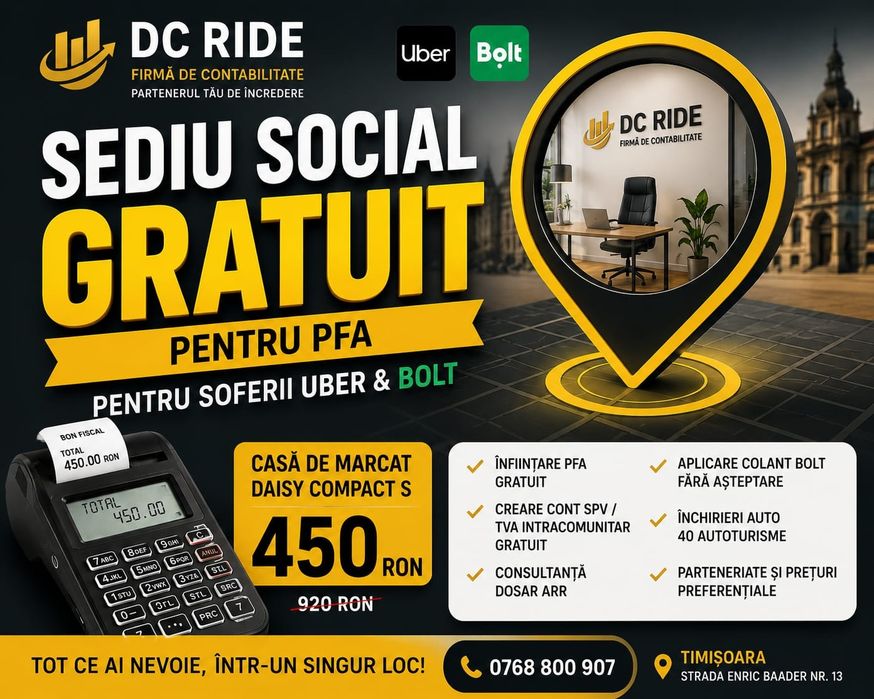Infiintari PFA si SRL | Contabilitate | Sediu Social | Uber, Bolt, ARR | DCRIDE