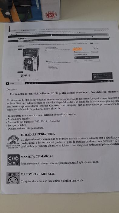 Tensiometru pediatric, nou.Contine 3 mansete pt nou născut,sugar si  copil.Nou nefolosit.