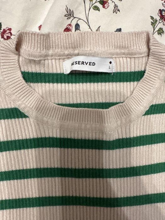 Pulover tricotat alb laptos cu dungi verzi, reserved, marime L