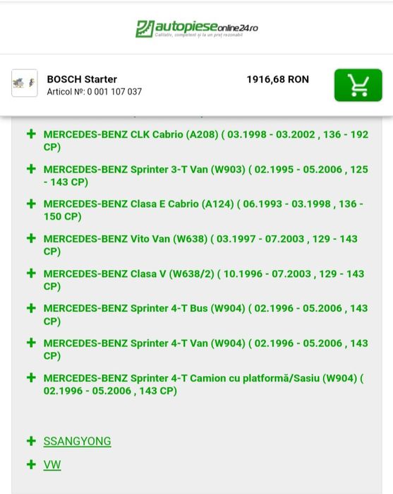 Demaror, electromotor, starter Bosch pentru Mercedes, VW, Ssangyong
