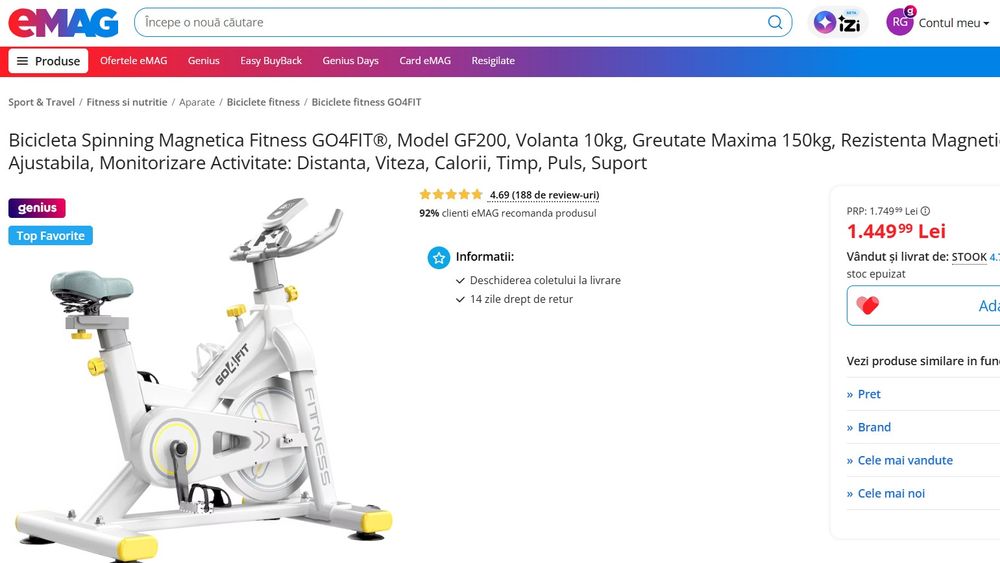 Bicicleta Spinning Magnetica Fitness GO4FIT, Garantie,  Model GF200