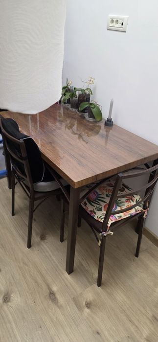 Set masa fixa cu 4 scaune tapitate, bucatarie, maro,