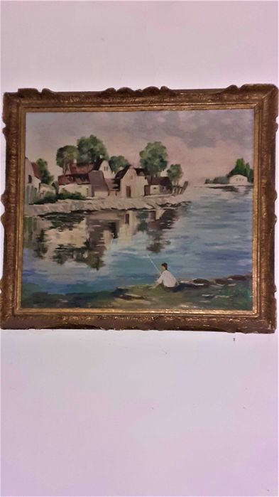 Tablouri pictate in ulei pe pânză ,,Pescar pe lac/Bărci in port,,70x60