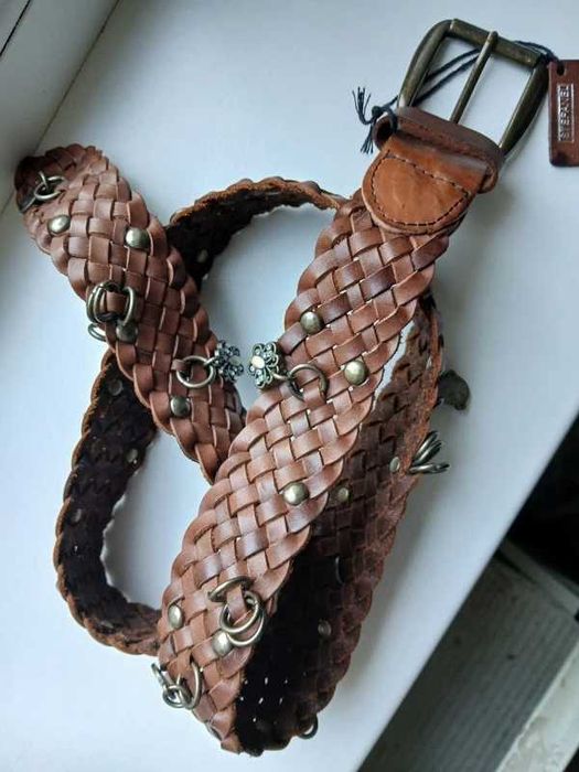 curea piele impletita Stefanel, cu decoratiuni metalice, marime universala