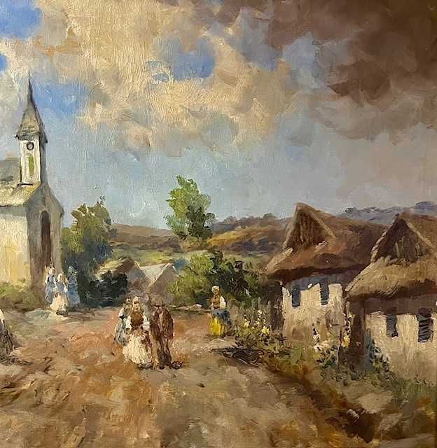 "Sat transilvan" SUPERB! Tablou VECHI, ulei/panza, semnat 80x60cm+Rama